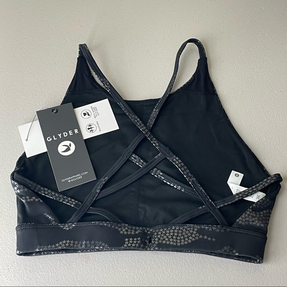 GLYDER NWT COMPLEX STRAPPY BACK SPORTS BRA BLACK CAMO STAR SILVER SMALL - Picture 4 of 6